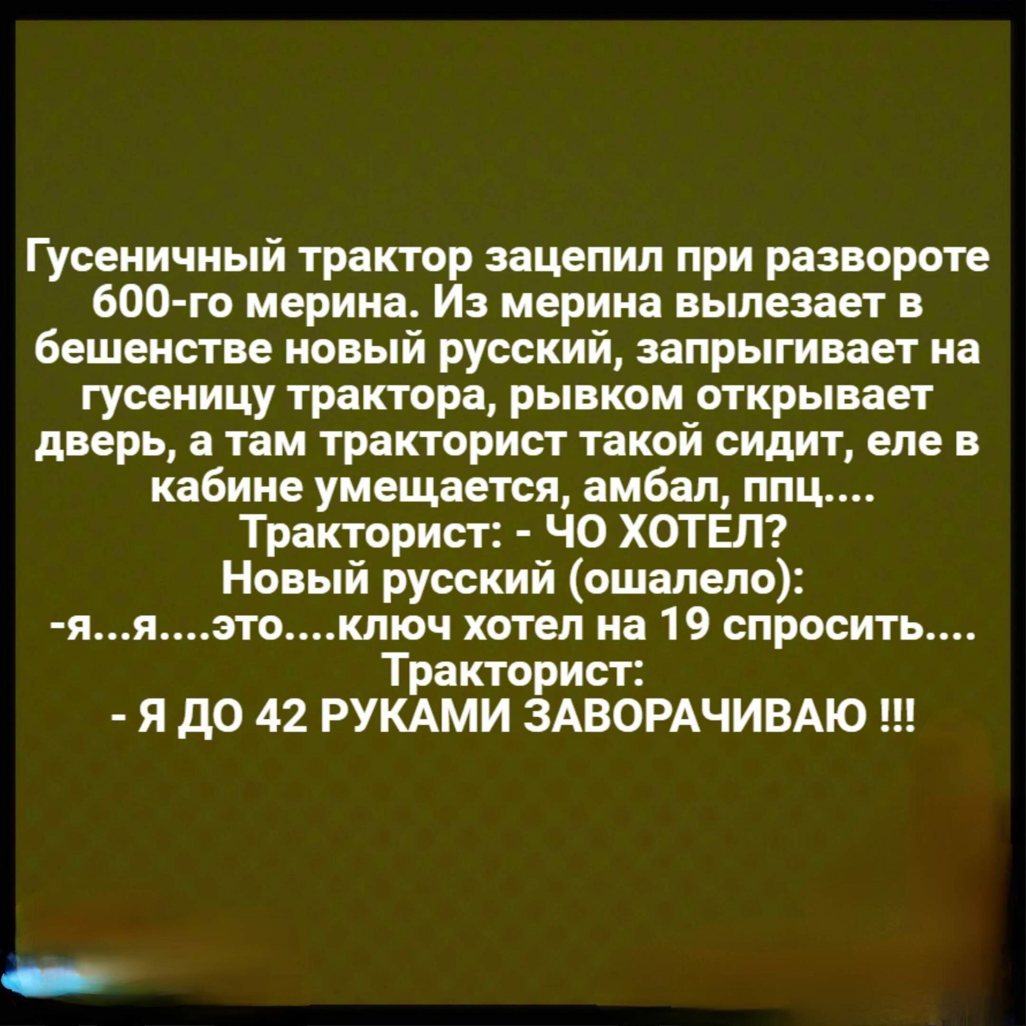 Гусеничный трактор зацепил при развороте 600-го мерина. Из мерина вылезает в бешенстве новый русский, запрыгивает на гусеницу трактора, рывком открывает дверь, а там тракторист такой сидит, еле в кабине помещается, амбал, пиц....
Тракторист: - ЧО ХОТЕЛ?  
Новый русский (ошалело):  
- Я...я....это....ключ хотел на 19 спросить....  
Тракторист:  
- Я ДО 42 РУКАМИ ЗАВОРАЧИВАЮ !!!