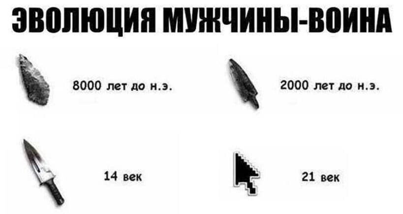 Эволюция мужчины-воина
8000 лет до н.э.
2000 лет до н.э.
14 век
21 век
