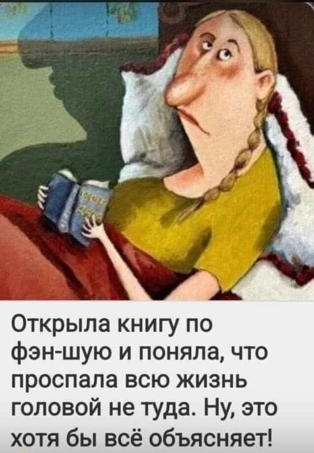 Открыла книгу по фен-шую и поняла, что проспала всю жизнь головой не туда. Ну, это хоть бы всё объясняет!