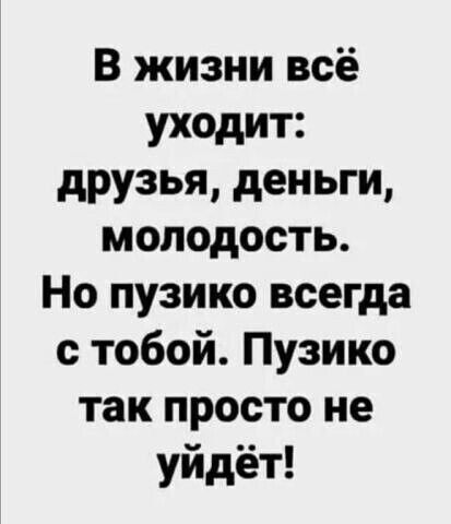 В жизни всё уходит: друзья, деньги, молодость. Но пузико всегда с тобой. Пузико так просто не уйдёт!