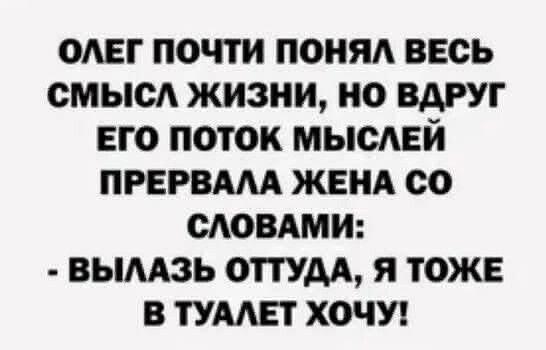 ОЛЕГ ПОЧТИ ПОНЯЛ ВСЕ СМЫСЛ ЖИЗНИ, НО ВДРУГ ЕГО ПОТОК МЫСЛЕЙ ПРЕРВАЛА ЖЕНА СО СЛОВАМИ: - ВЫЛАЗЬ ОТТУДА, Я ТОЕ ТАК ЖЕ В ТУАЛЕТ ХОЧУ!