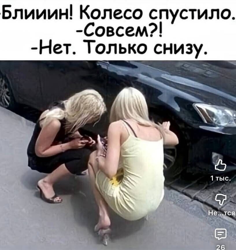 Блииин! Колесо спустило. -Совсем?! -Нет. Только снизу.