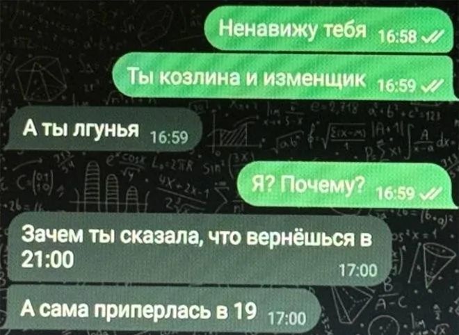 Ненавижу тебя\nТы козлина и изменщик\nА ты лгунья\nЯ? Почему?\nЗачем ты сказала, что вернёшься в 21:00\nА сама припеплась в 19