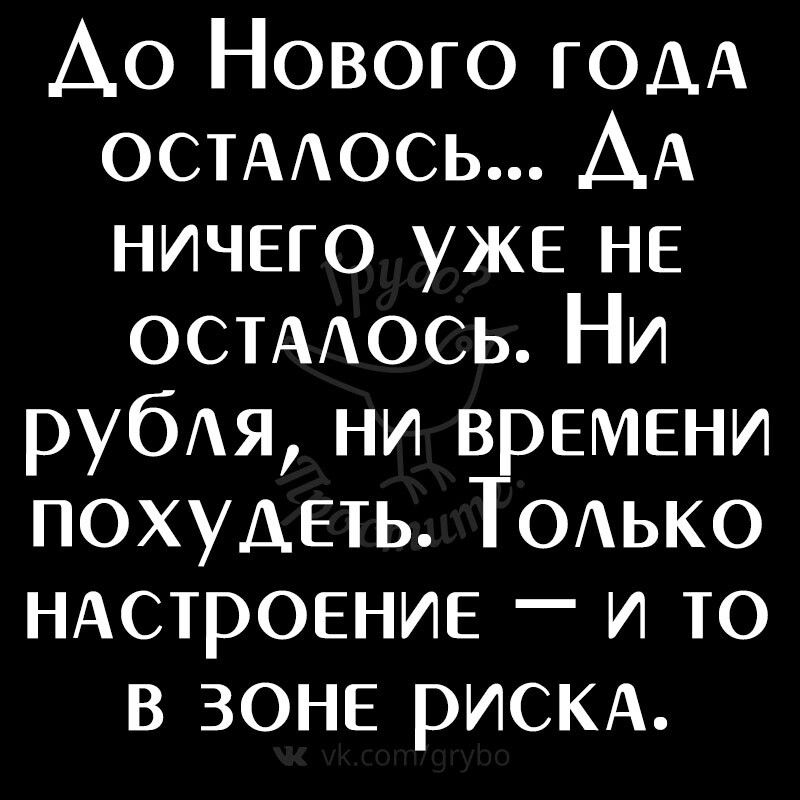 До Нового года осталось... Да ничего уже не осталось. Ни рубля, ни времени похудеть. Только настроение — и то в зоне риска.