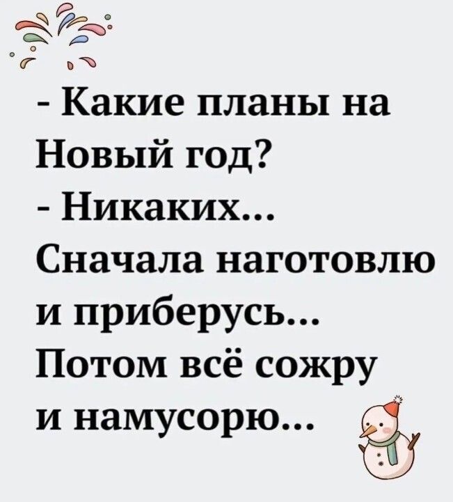 - Какие планы на Новый год?\n- Никаких...\nСначала наготовлю и приберусь...\nПотом всё сожру и намусорю...