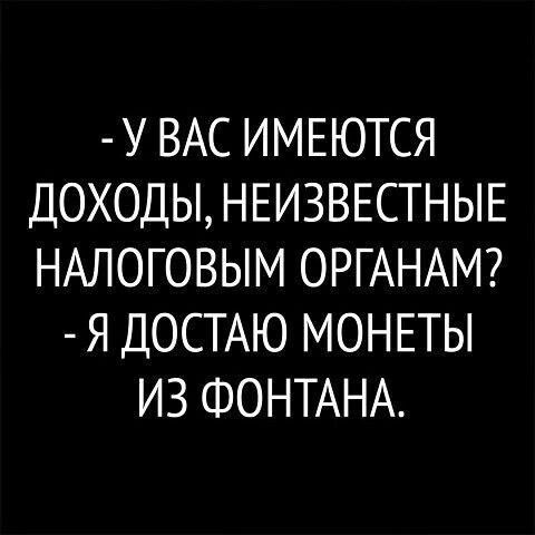 - У ВАС ИМЕЮТСЯ ДОХОДЫ, НЕИЗВЕСТНЫЕ НАЛОГОВЫМ ОРГАНАМ? - Я ДОСТАЮ МОНЕТЫ ИЗ ФОНТАНА.