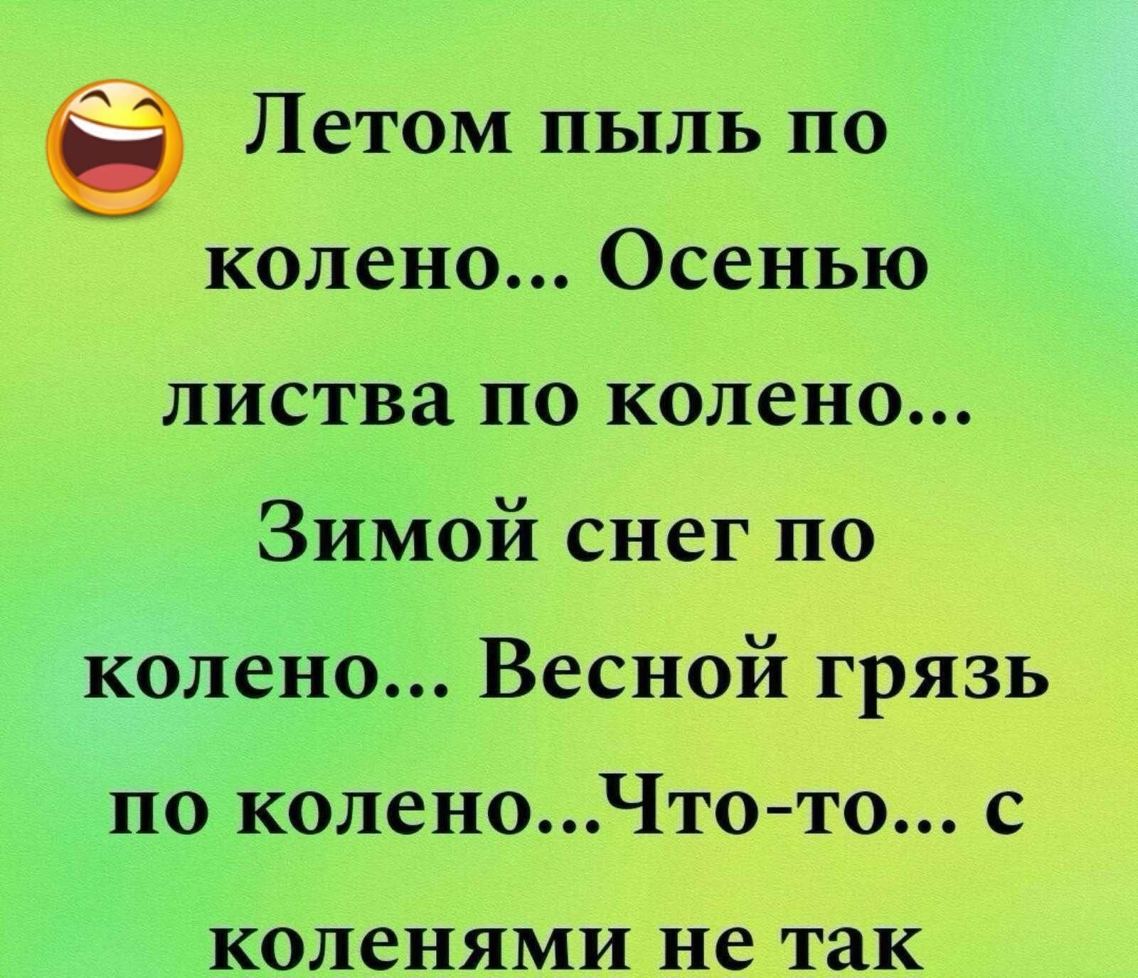 Летом пыль по колено... Осенью листва по колено... Зимой снег по колено... Весной грязь по колено... Что-то... с коленями не так