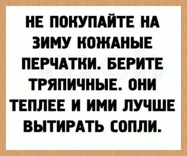 НЕ ПОКУПАЙТЕ НА ЗИМУ КОЖАННЫЕ ПЕРЧАТКИ. БЕРИТЕ ТРЯПИЧНЫЕ. ОНИ ТЕПЛЕЕ И ИМИ ЛУЧШЕ ВЫТИРАТЬ СОПЛИ.