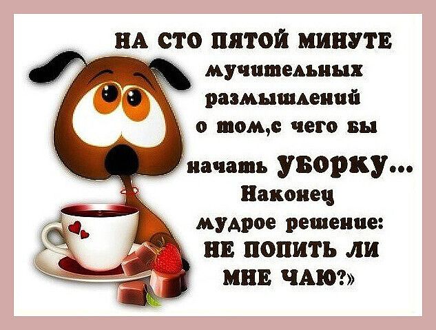 На сто пятой минуте мучительных размышлений о том, с чего бы начать уборку... Наконец мудрое решение: НЕ ПОПИТЬ ли мне чай?