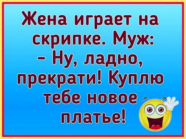Жена играет на скрипке. Муж: - Ну, ладно, прекрати! Куплю тебе новое платье!