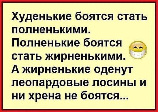Худенькие боятся стать полненькими. Полненькие боятся стать жирненькими. А жирненькие оденут леопардовые лосины и ни хрена не боятся...