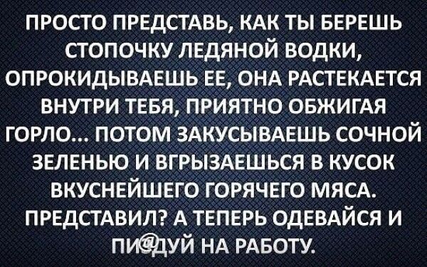ПРОСТО ПРЕДСТАВЬ, КАК ТЫ БЕРЕШЬ СТОПОЧКУ ЛЕДЯНОЙ ВОДКИ, ОПРОКИДЫВАЕШЬ ЕЕ, ОНА РАСТЕКАЕТСЯ ВНУТРИ ТЕБЯ, ПРИЯТНО ОБЖИГАЯ ГОРЛО... ПОТОМ ЗАКУСЫВАЕШЬ СОЧНОЙ ЗЕЛЕНЬЮ И ВГРЫЗАЕШЬСЯ В КУСОК ВКУСНЕЙШЕГО ГОРЯЧЕГО МЯСА. ПРЕДСТАВИЛ? А ТЕПЕРЬ ОДЕВАЙСЯ И ПИ@ДУЙ НА РАБОТУ.