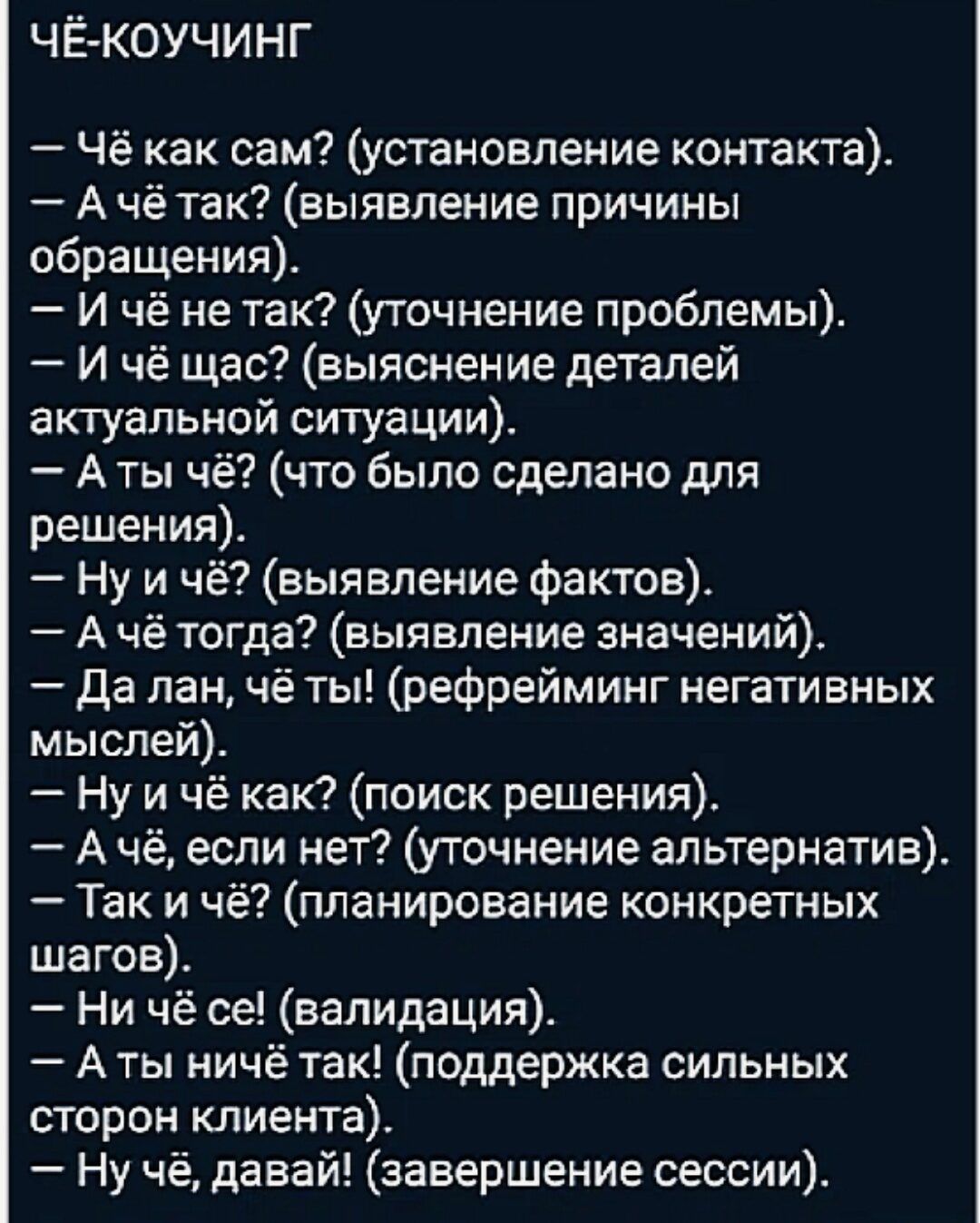 ЧЁ-КОУЧИНГ
– Чё как сам? (установление контакта).
– А чё так? (выявление причины обращения).
– И чё не так? (уточнение проблемы).
– И чё щас? (выяснение деталей актуальной ситуации).
– А ты чё? (что было сделано для решения).
– Ну и чё? (выявление фактов).
– А чё тогда? (выявление значений).
– Да лан, чё ты! (рефрейминг негативных мыслей).
– Ну и ч