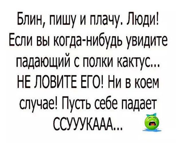 Блин, пишу и плачу. Люди! Если вы когда-нибудь увидите падающий с полки кактус... НЕ ЛОВИТЕ ЕГО! Ни в коем случае! Пусть себе падает ССУУУКААА...