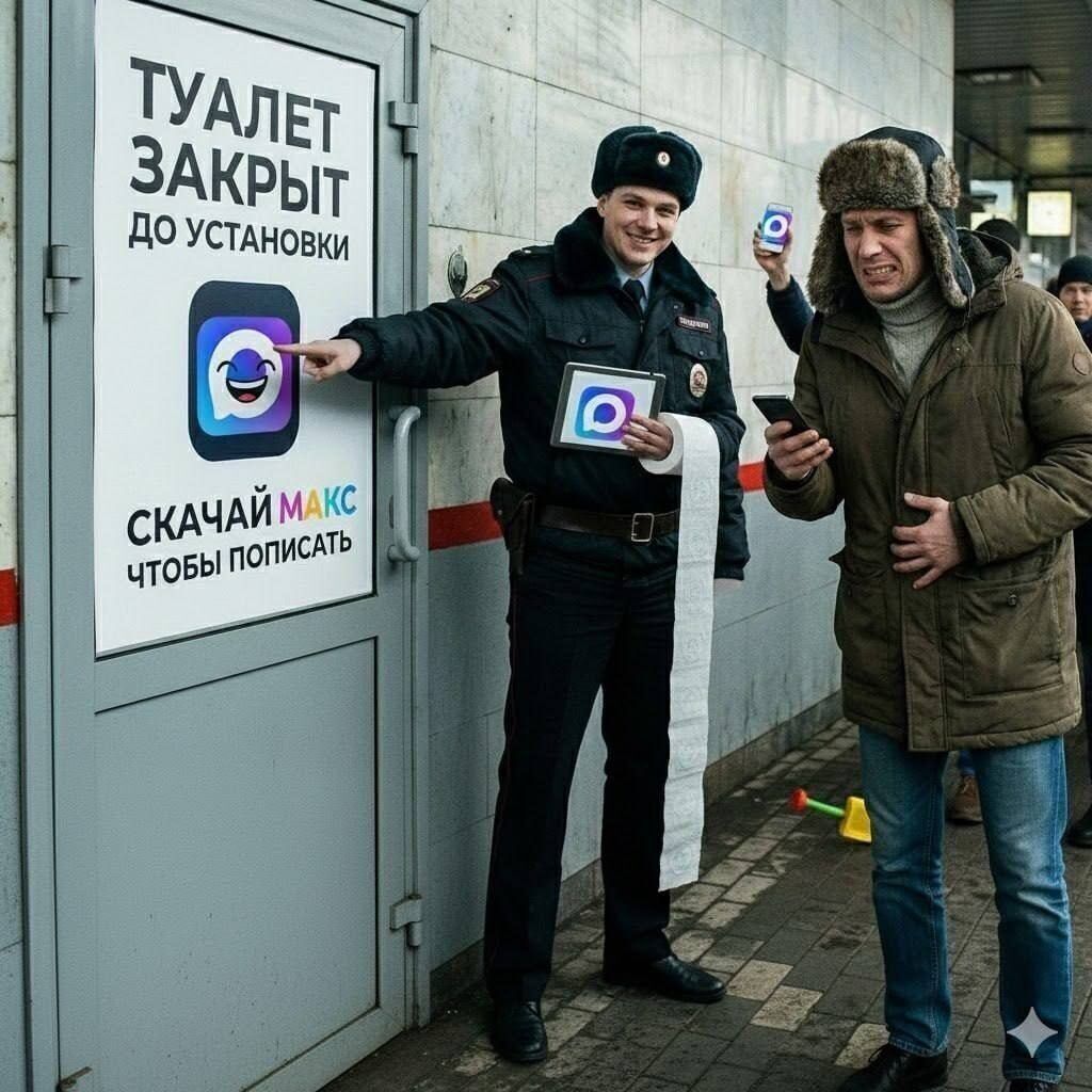 ТУАЛЕТ ЗАКРЫТ ДО УСТАНОВКИ. СКАЧАЙ МАКС ЧТОБЫ ПОПИСАТЬ. Полицейский указывает на объявление о закрытом туалете и предлагает скачать приложение, чтобы справить нужду. Мужчина рядом выглядит очень страдающим.