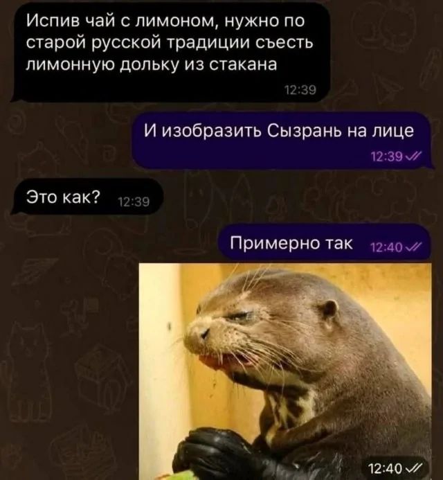 Испив чай с лимоном, нужно по старой русской традиции съесть лимонную дольку из стакана. И изобразить Сызрань на лице. Это как? Примерно так.