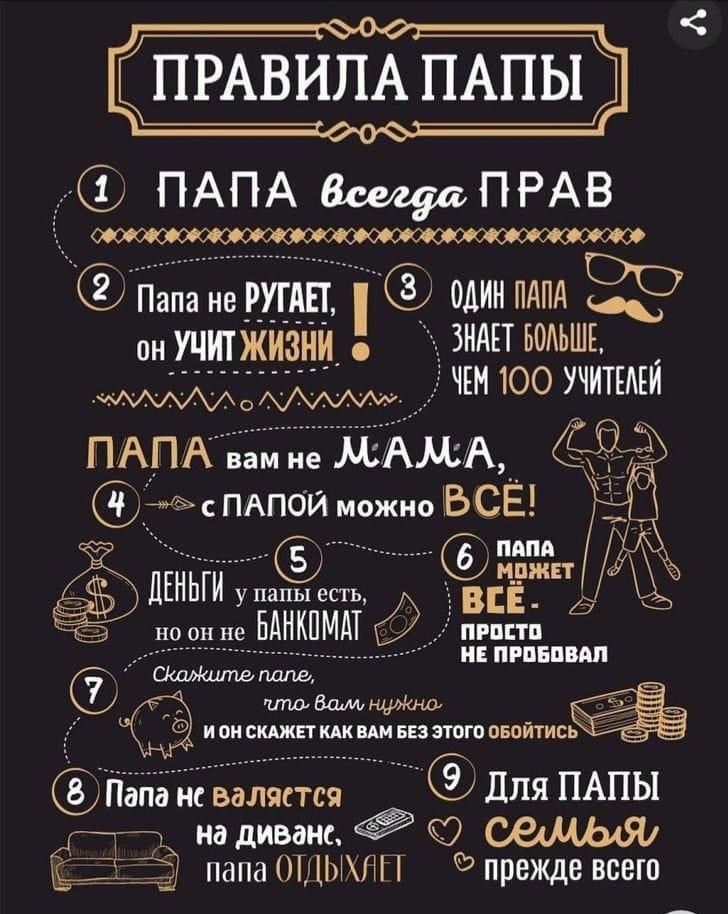 С ПРАВИЛАПАПЫ ПАПА всегда ПРАВ планеРуиет онн 5 онУМИТЖИЗНИ ЗМ НЫ АЛААолоАллн ЧН10О УЧТОНЙ ПАПАвамне МАМА З С с ПАПОЙ можно ВСЁ Й Ё Ё да уа в ноонне БАНКОМАТ пеоета С вама ио СКАЖЕТКАКВАМ БЕЗ ЭТОГО ОБОЯТИСЬ Папа не валяется Для ПАПЫ стр на диванс селмья ч папа ОТДЫХЛЕТ прежде всего