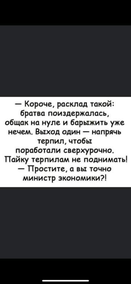 Короче расклад такой братва поиздержалась общак на нуле и барыжить уже нечем Выход один напрячь терпил чтобы поработали сверхурочно Пайку терпилам не поднимать Простите а вы точно министр экономики