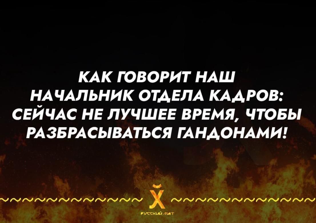 КАК ГОВОРИТ НАШ НАЧАЛЬНИК ОТДЕЛА КАДРОВ СЕЙЧАС НЕ ЛУЧШЕЕ ВРЕМЯ ЧТОБЫ РАЗБРАСЫВАТЬСЯ ГАНДОНАМИ о оаа ОаВООаВЬ ИЙ