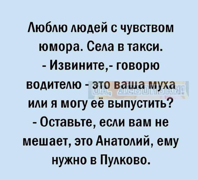 Люблю людей с чувством юмора. Села в такси. - Извините,- говорю водителю - это ваша муха или я могу её выпустить? - Оставьте, если вам не мешает, это Анатолий, ему нужно в Пулково.