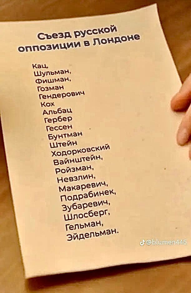 Съезд русской оппозиции в Лондоне

Кац,
Шульман,
Фишман,
Гозман,
Гендероверч,
Кох,
Альбац,
Гербер,
Гессен,
Бунтиман,
Штейн,
Ходорковский,
Вайнштейн,
Ройзман,
Невзлин,
Макаревич,
Подрабинек,
Зубаревич,
Шпоберг,
Гельмаль,
Эйдельман.