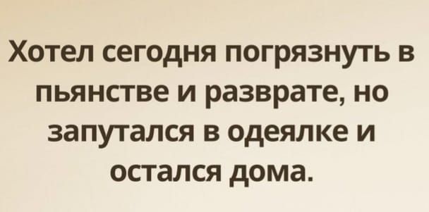 Хотел сегодня погряззнуть в пьянстве и разврате, но запутался в одеялке и остался дома.