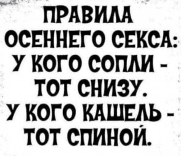 ПРАВИЛА ОСЕННЕГО СЕКСА У КОГО СОПЛИ ТОТ СНИЗУ У КОГО КАШЕЛЬ ТОТ СПИНОЙ