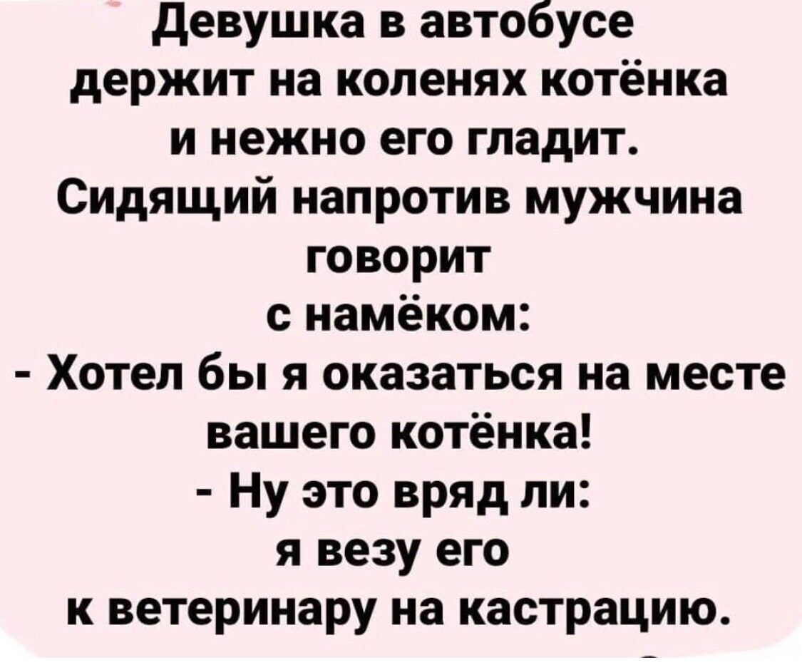 девушка в автобусе держит на коленях котёнка и нежно его гладит Сидящий напротив мужчина говорит с намёком Хотел бы я оказаться на месте вашего котёнка Ну это вряд ли я везу его к ветеринару на кастрацию