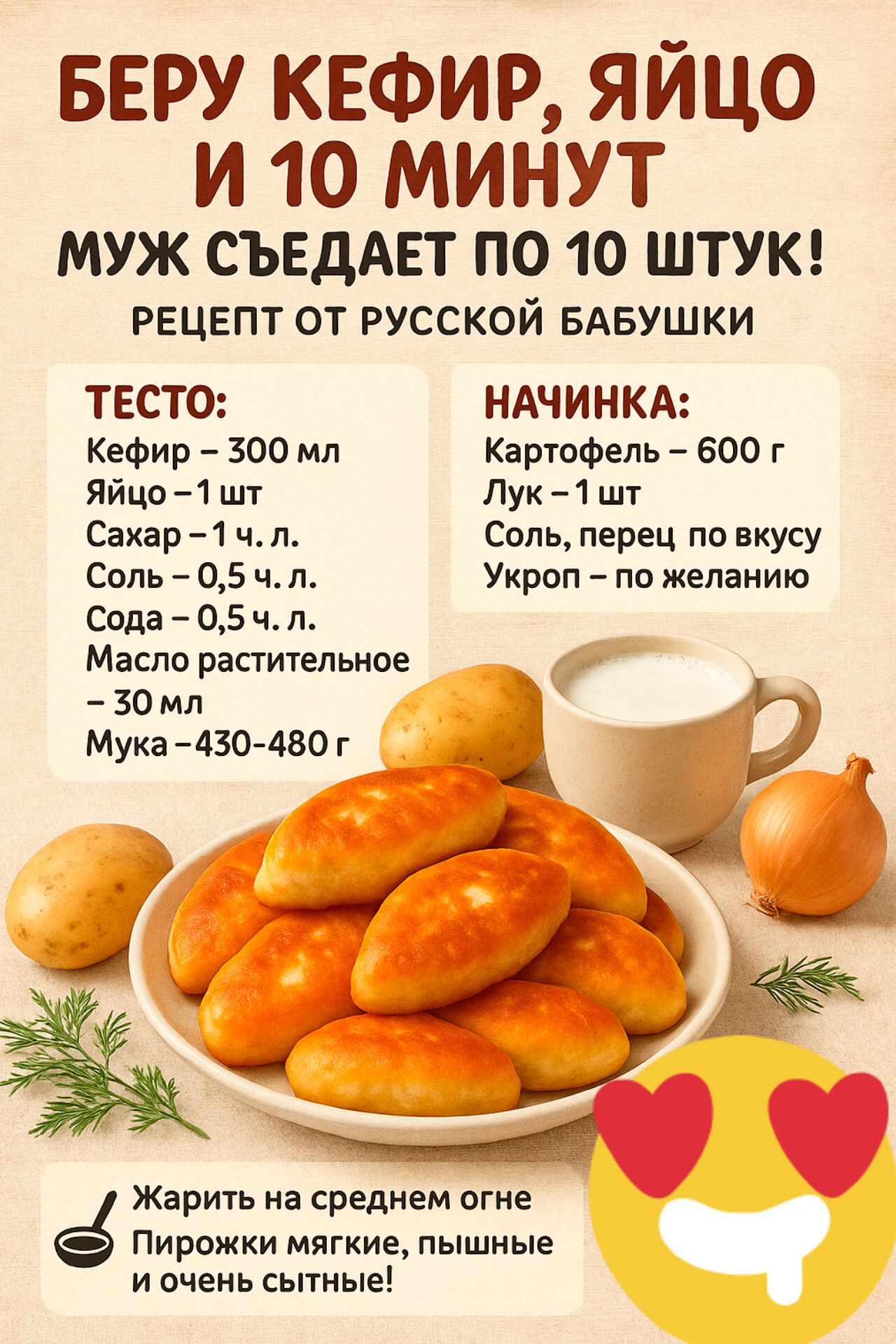 БЕРУ КЕФИР, ЯЙЦО И 10 МИНУТ
МУЖ СЪЕДАЕТ ПО 10 ШТУК!
РЕЦЕПТ ОТ РУССКОЙ БАБУШКИ

ТЕСТО:
Кефир – 300 мл
Яйцо – 1 шт
Сахар – 1 ч. л.
Соль – 0,5 ч. л.
Сода – 0,5 ч. л.
Масло растительное – 30 мл
Мука – 430-480 г

НАЧИНКА:
Картофель – 600 г
Лук – 1 шт
Соль, перец по вкусу
Укроп – по желанию

Жарить на среднем огне
Пирожки мягкие, пышные и очень сытные!