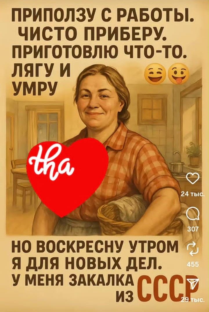 ПРИПЛОЖУ С РАБОТЫ. ЧИСТО ПРИБЕРУ. ПРИГОТОВЛЮ ЧТО-ТО. ЛЯГУ И УМРУ
НО ВОСКРЕСНУ УТРОМ Я ДЛЯ НОВЫХ ДЕЛ. У МЕНЯ ЗАКАЛКА ИЗ СССР