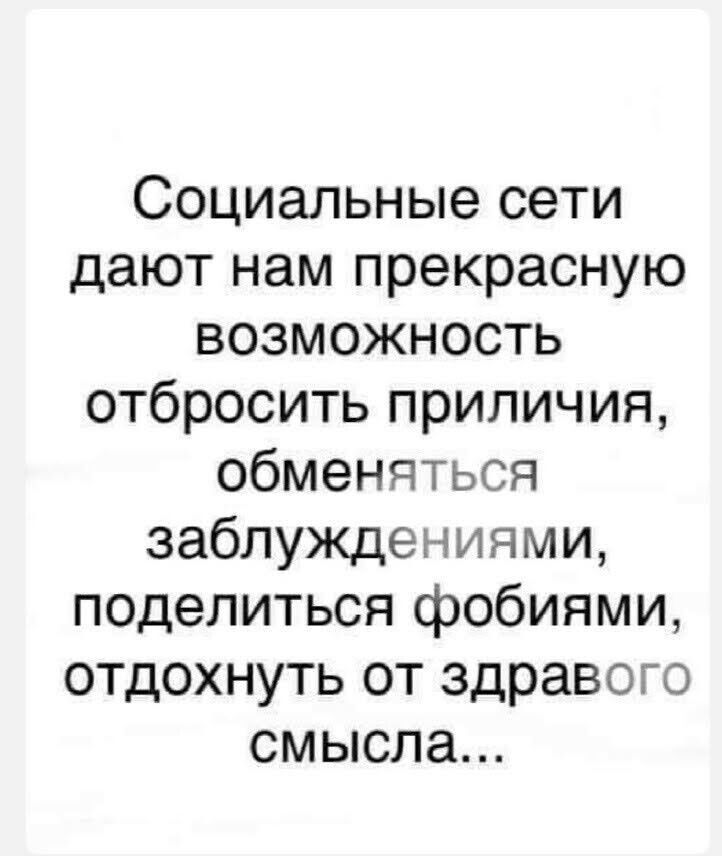 Социальные сети дают нам прекрасную возможность отбросить приличия, обменяться заблуждениями, поделиться фобиями, отдохнуть от здравого смысла…