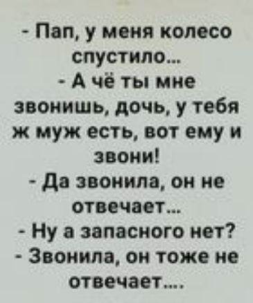 Пап у меня колесо спустила А чё ты мне звонишь дочь у тебя ж муж есть вот ему и звони да звонила он не отвечает Ну запасного нет Звонила он тоже не отвечает