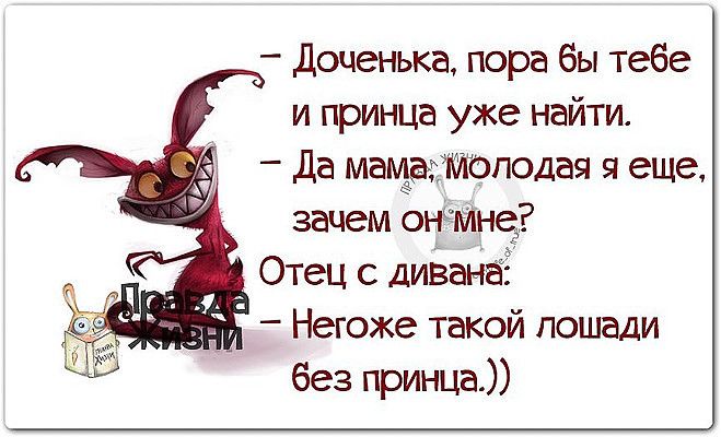Доценька пора бы тебе и принца уже найти да мамытоподая я еще зачем ОНЧЙНеЁ Отец с дивана Негоже такой лошади без принца