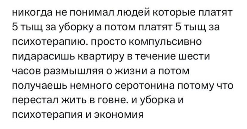 никогда не понимал людей которые платят 5 тыщ за уборку а потом платят 5 тыщ за психотерапию просто компульсивно пидарасишь квартиру в течение шести часов размышляя о жизни а потом получаешь немного серотонина потому что перестал жить в говне и уборка и психотерапия и экономия