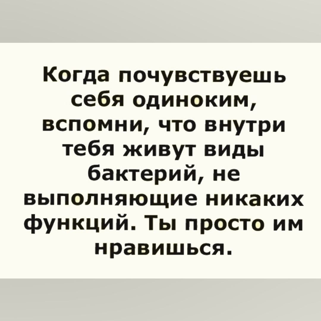 Когда почувствуешь себя одиноким вспомни что внутри тебя живут виды бактерий не выполняющие никаких функций Ты просто им нравишься