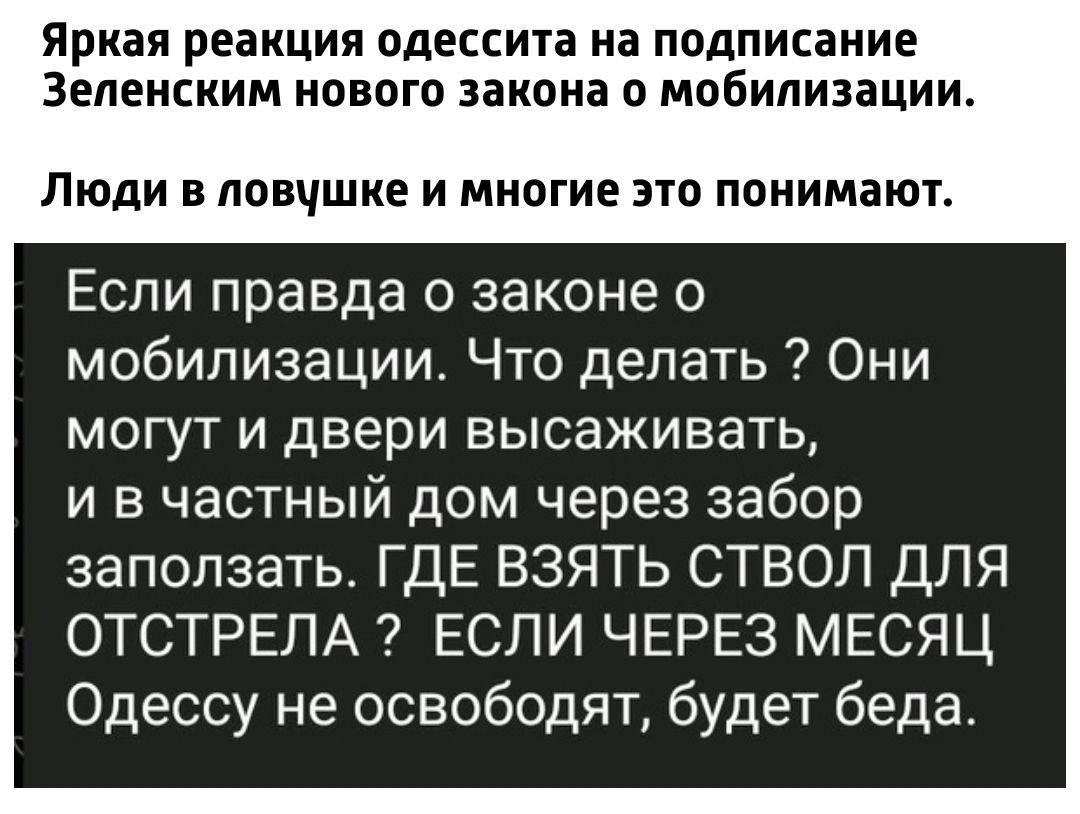 яркая реакция одессит а на ппдписаиие Зеленским нового закона о мобилизации Люди в ловцшке и многие это понимают Если правда о законе о мобилизации Что делать Они могут и двери высаживать и в частный дом через забор заползать ГДЕ ВЗЯТЬ СТВОЛ ДЛЯ ОТСТРЕЛА ЕСЛИ ЧЕРЕЗ МЕСЯЦ Одессу не освободят будет беда