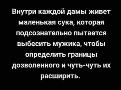 Внутри каждой дамы живет маленькая сука которая подсознательно пытается выбесить мужика чтобы определить границы дозволенного и чуть чуть их расширить