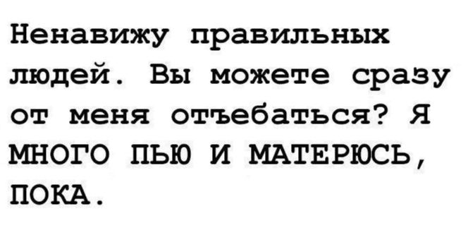 Ненавижу правильных людей Вы можете сразу от меня отъебаться я много пью и МАТЕРЮСЬ ПОКА