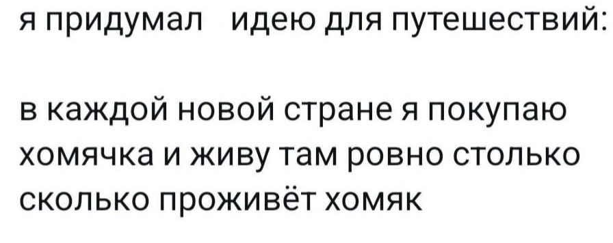 я придумал идею для путешествий в каждой новой стране я покупаю хомячка и живу там ровно столько сколько проживёт хомяк