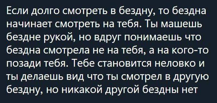 Если долго смотреть в бездну то бездна начинает смотреть на тебя Ты машешь бездне рукой но вдруг понимаешь что бездна смотрела не на тебя а на кого то позади тебя Тебе пановится неловко и ты делаешь вид что ты смотрел в другую бездну но никакой другой бездны нет