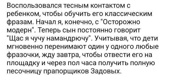 Воспользовапся тесным контактом ребенком чтобы обучить его классическим Фразамт Начал я конечно с Осторожно модерн Теперь сын постоянно говорит Щас я чучу намандрючу Учитывая что дети МГНОВЕННО перенимают ОДИН У ОДНОГО любые Фразочки жду завтра чтобы отвести его на площадку И через ПОП часа ПОЛУЧИТЬ ПОЛНУЮ песочницу прапорщиков Задовык