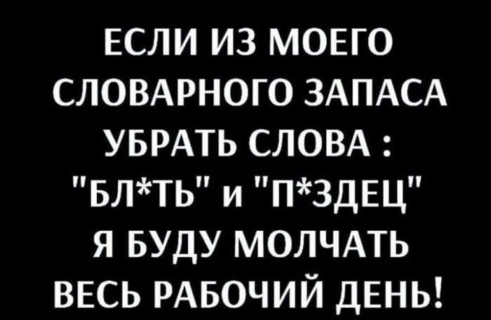 ЕСЛИ ИЗ МОЕГО СЛОВАРНОГО ЗАПАСА УБРАТЬ СЛОВА БЛТЬ и ПЗДЕЦ Я БУДУ МОЛЧАТЬ ВЕСЬ РАБОЧИЙ ДЕНЬ