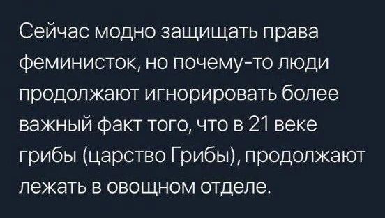 Сейчас модно защищать права феминисток но почему то люди продолжают игнорировать более важный факт того что в 21 веке грибы царство Грибы продолжают лежать в овощном отделе