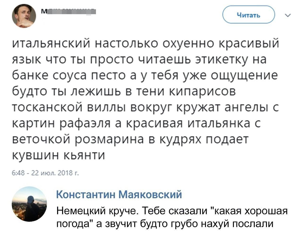 е Се итальянский настолько охуенно красивый язык что ты просто читаешь этикетку на банке соуса песто а у тебя уже ощущение будто ты лежишь в тени кипарисов тосканской виллы вокруг кружат ангелы с картин рафаэля а красивая итальянка с веточкой розмарина в кудрях подает кувшин кьянти Константин Маяковский Немецкий круче Тебе сказали какая хорошая пог