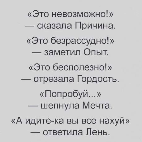 Это невозможно сказала Причина Это безрассудно заметил Опыт Это бесполезно отрезала Гордость Попробуй шепнула Мечта А идите ка вы все нахуй ответила Лень