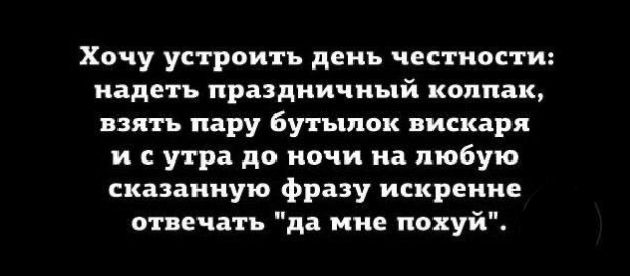 Хочу устроить день честности надеть праздничный колпак взять пару бутылок вискаря и сутра до ночи на любую сказанную фразу искренне отвечать да мне похуй