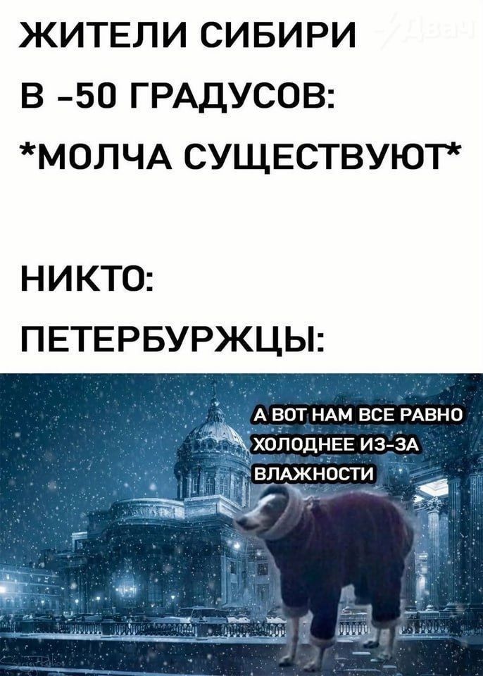 ЖИТЕЛИ СИБИРИ В 50 ГРАДУСОВ МОЛЧА СУЩЕСТВУЮТ НИКТОо ПЕТЕРБУРЖЦЫ А ВОТ НАМ ВСЕ РАВНО ОДНЕЕ ИЗ ЗА ВЛАЖНОСТИ Улща