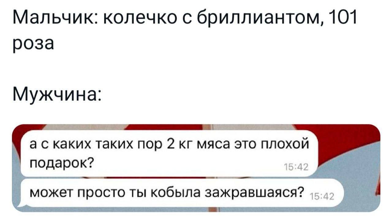 Мальчик колечко с бриллиантом 101 роза Мужчина а скаких таких пор 2 кг мяса это плохой подарок 542 может просто ты кобыла зажравшаяся 1