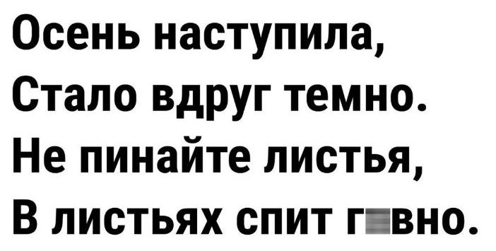 Осень наступила Стало вдруг темно Не пинайте листья В листьях спит гевно