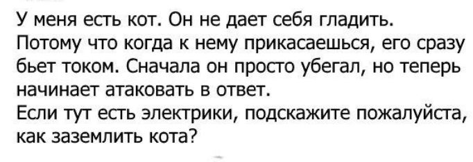 У меня есть кот Он не дает себя гладить Потому что когда к нему прикасаешься его сразу бьет током Сначала он просто убегал но теперь начинает атаковать в ответ Если тут есть электрики подскажите пожалуйста как заземлить кота